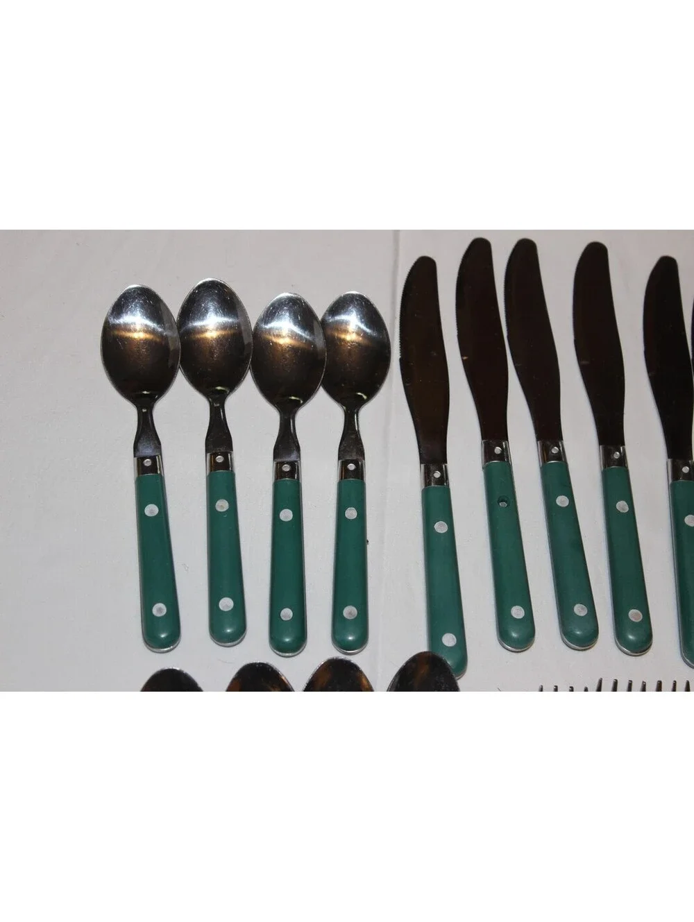 Vintage Mardi Gras Green Handle Stainless Flatware 35 Pc Lot WF China Retro